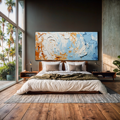 Canvas Pebble Tides III Tailored Canvases; abstract blue and tan swirls on crafting canvas on Tampa Home & Garden Store