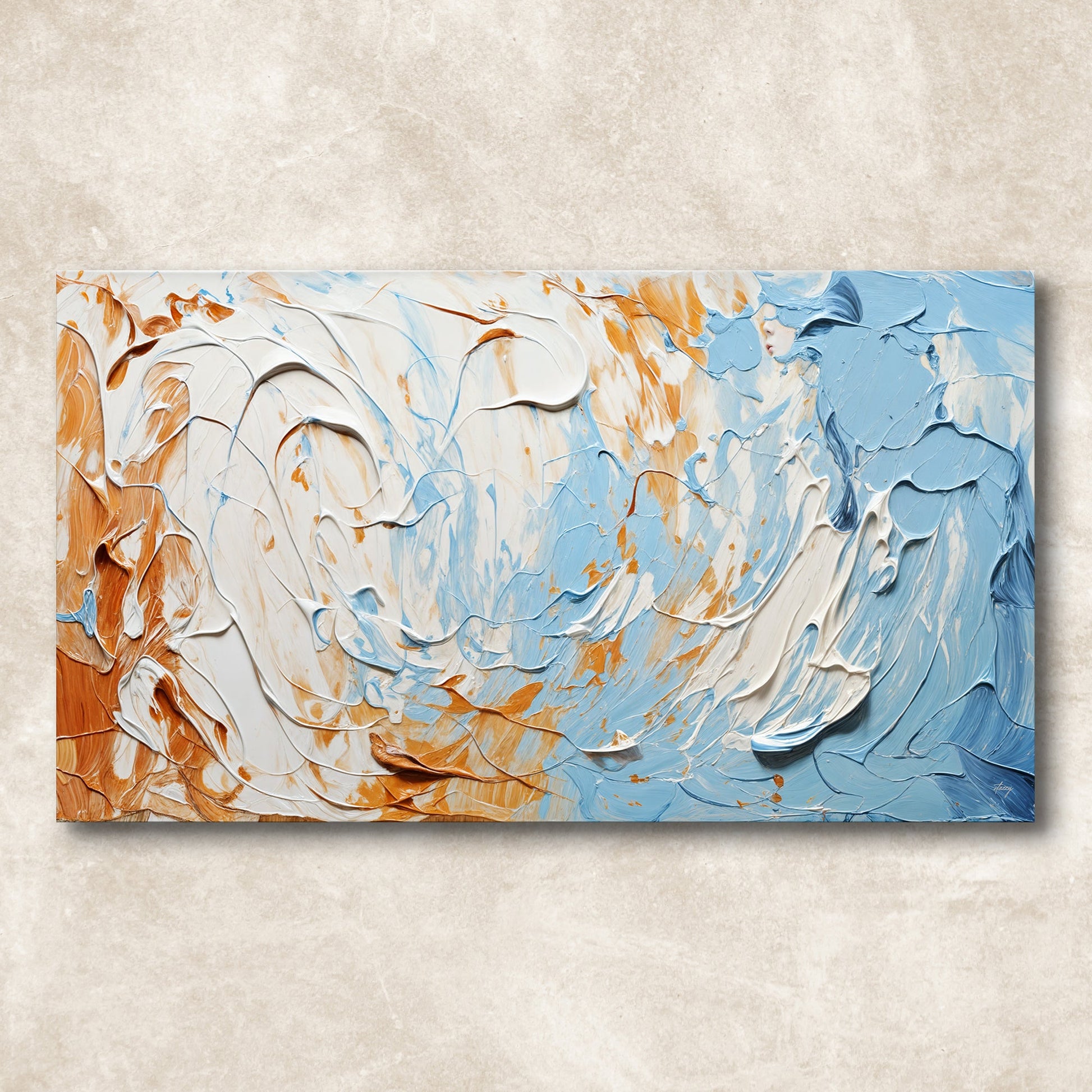 Canvas Print Pebble Tides III crafting in blue, orange and white impasto by Tailored Canvases on Tampa Home & Garden Store