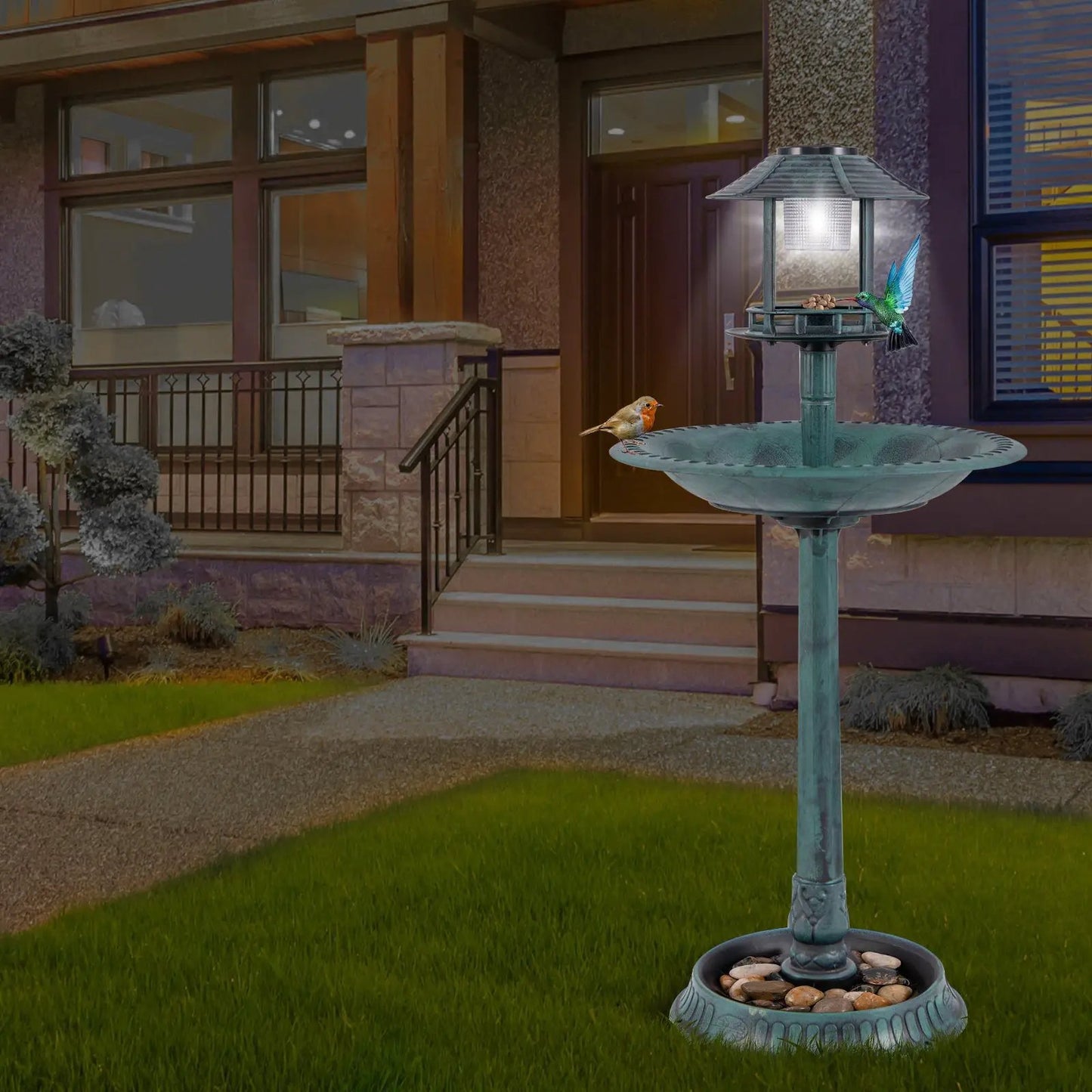 Solar Bird Bath Pedestal with Feeder and Planter