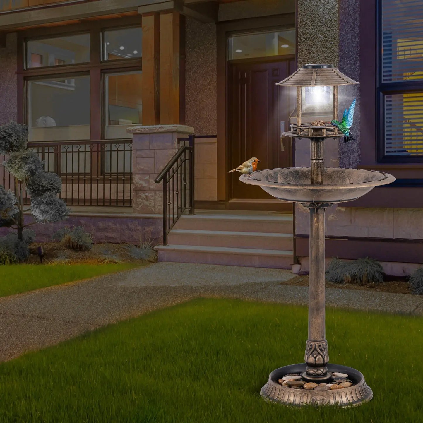 Solar Bird Bath Pedestal with Feeder and Planter