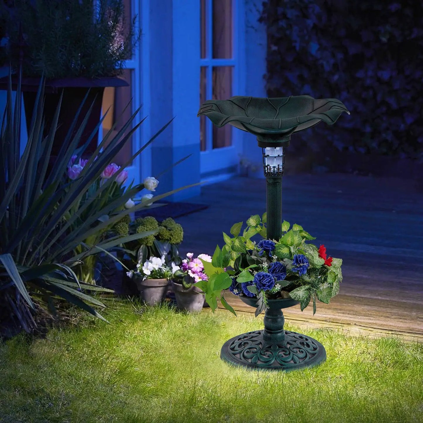 Pedestal Birdbath and Feeder With Solar Light