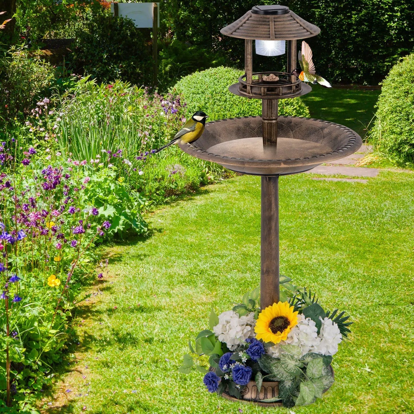 Solar Bird Bath Pedestal with Feeder and Planter