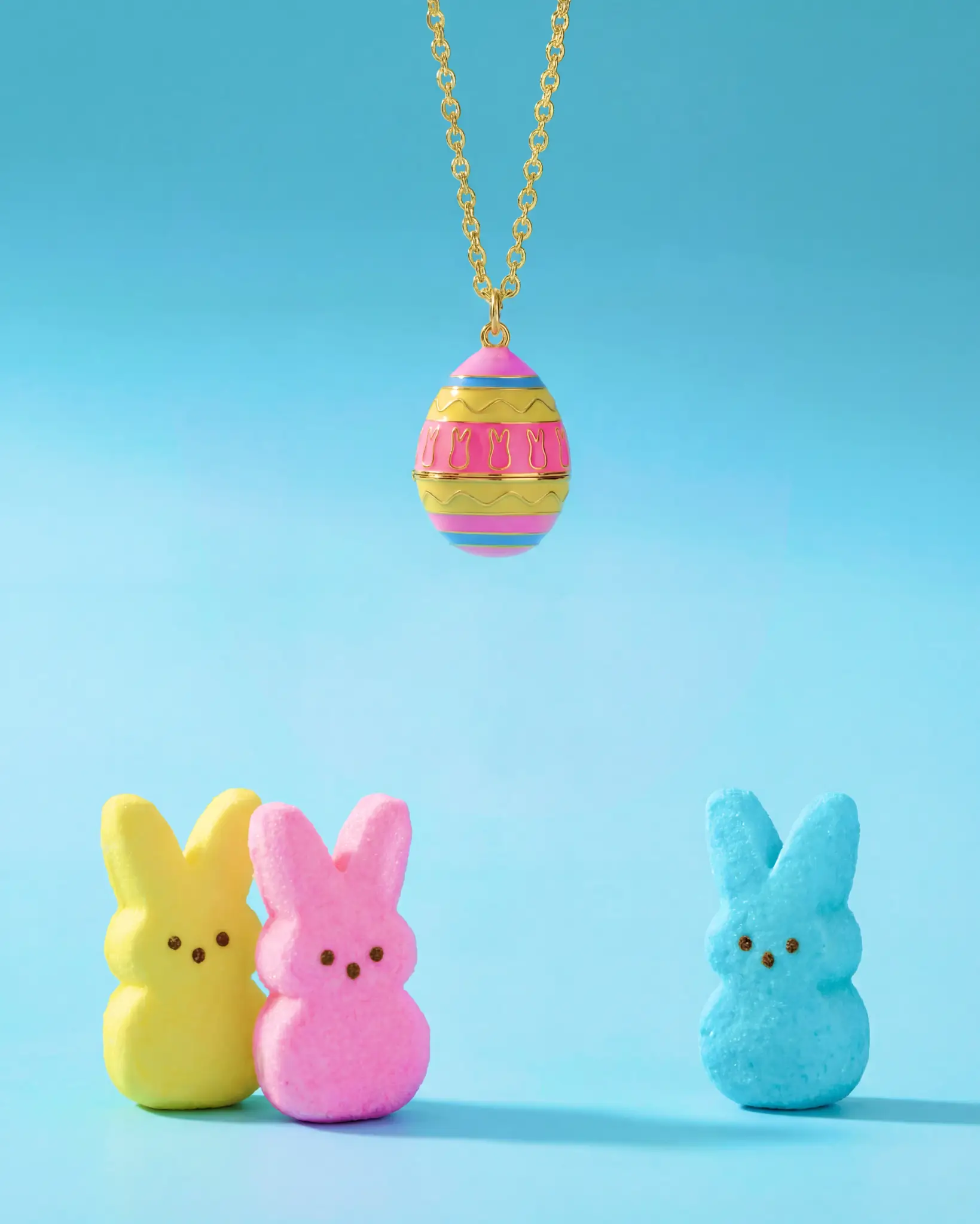Peeps Easter Egg pendant necklace by ALEX AND ANI, pastel striped egg on gold chain with bunnies on Tampa Home & Garden Store