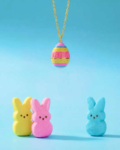 Peeps Easter Egg pendant necklace by ALEX AND ANI, pastel striped egg on gold chain with bunnies on Tampa Home & Garden Store