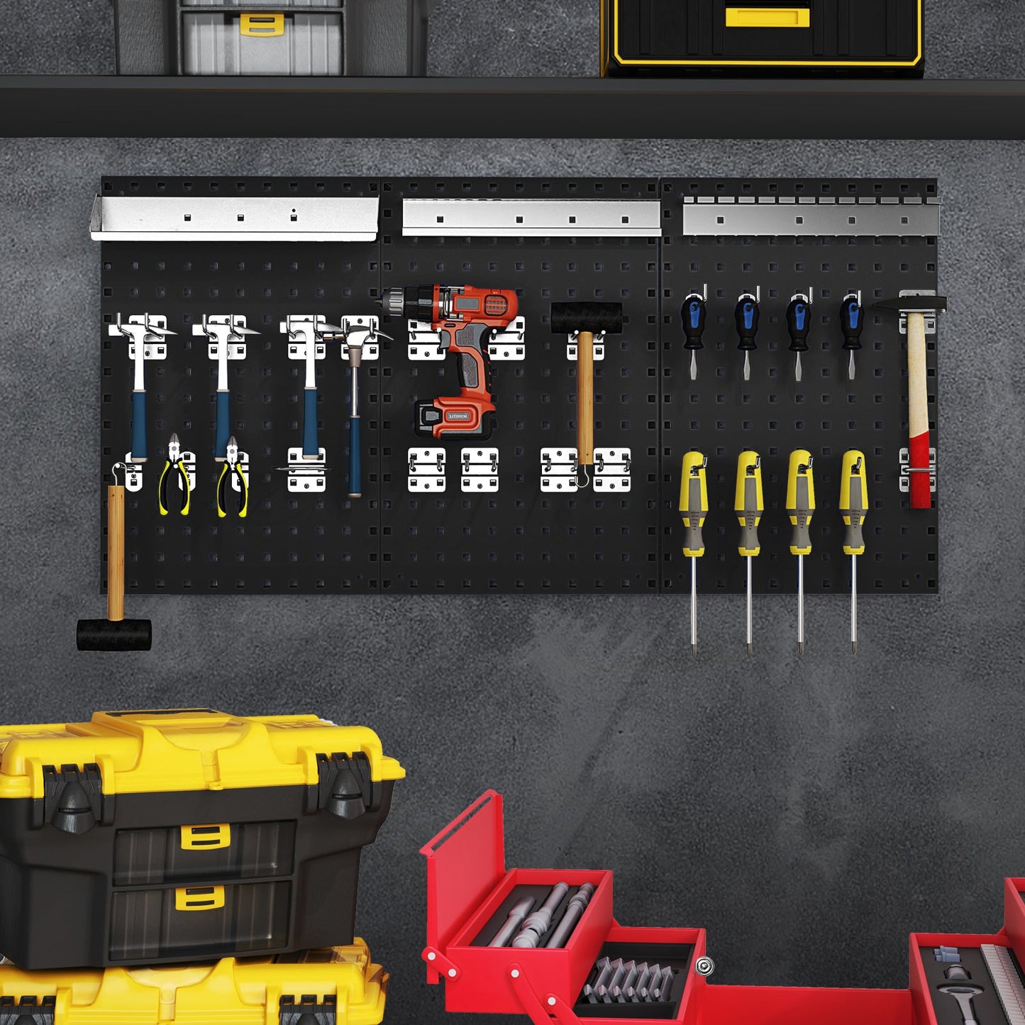 Kit de tablero perforado de pared con 3 tableros perforados para taller o garaje - Negro