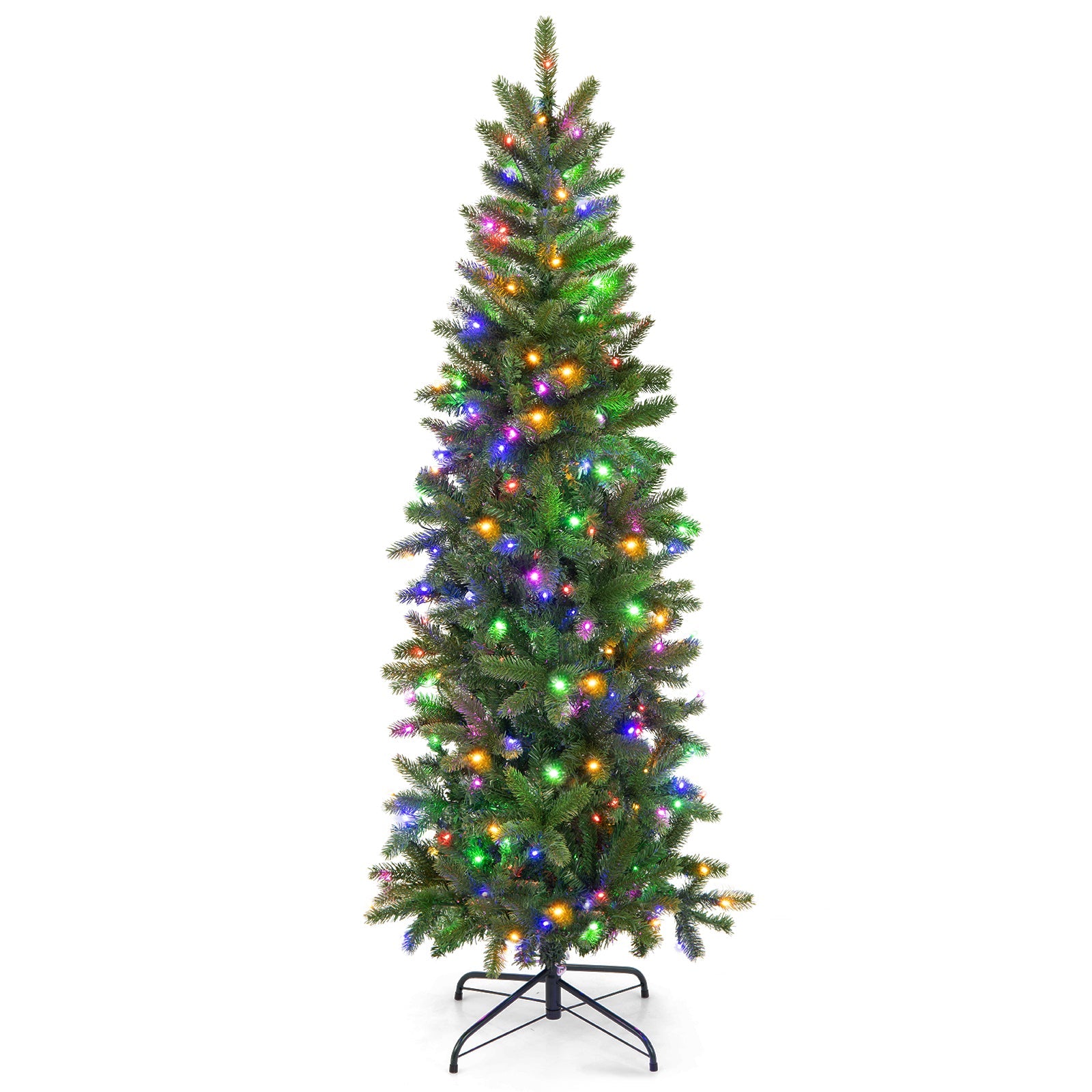Pencil Christmas Tree with 180 warm white and multicolor LEDs, narrow artificial tree on stand on Tampa Home & Garden Store