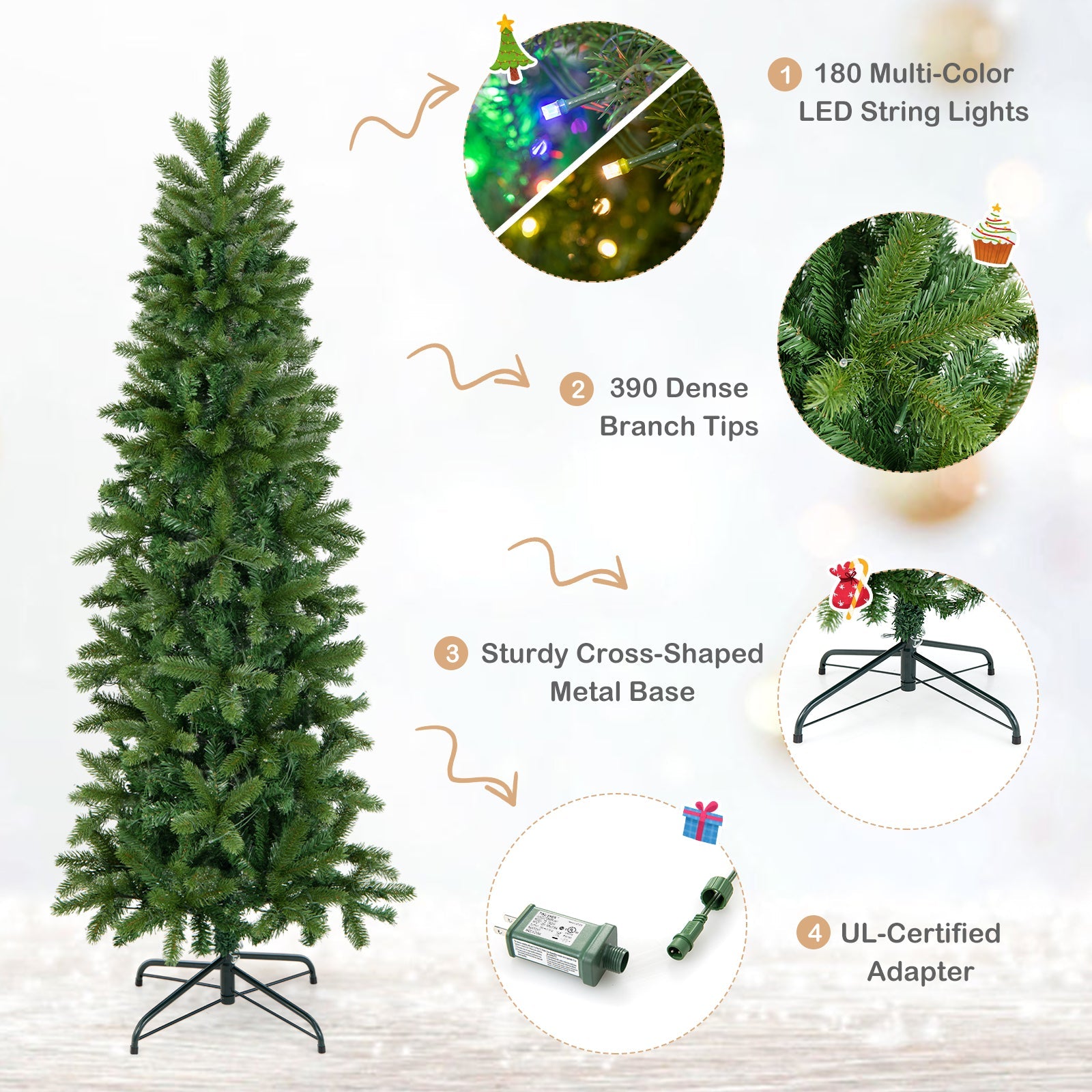 Pencil Christmas Tree with 180 LED lights, white and multicolor, 390-tip branches, metal base on Tampa Home & Garden Store