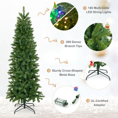 Pencil Christmas Tree with 180 LED lights, white and multicolor, 390-tip branches, metal base on Tampa Home & Garden Store