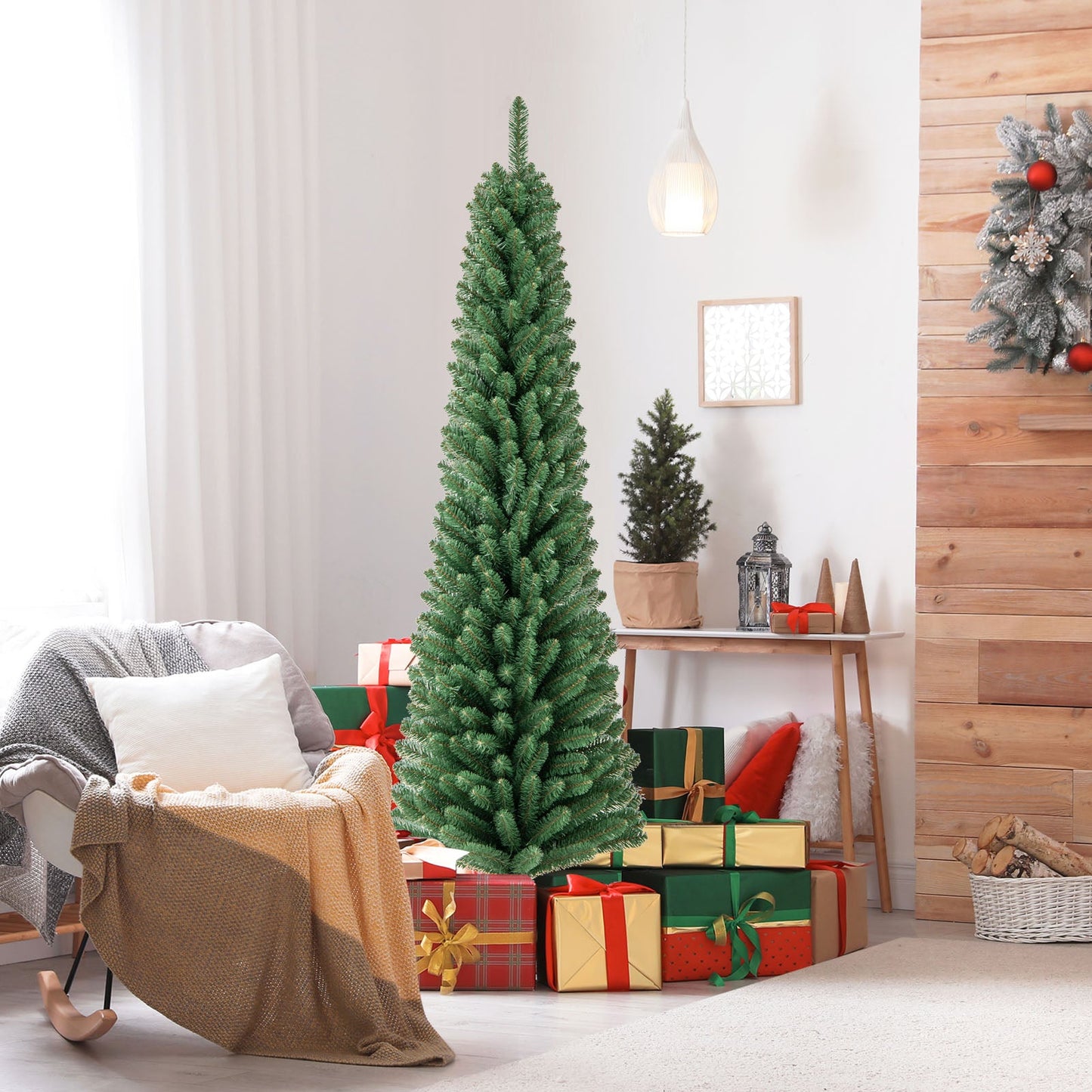 DirectDeals Pencil Christmas Tree with memory wire tips and warm LED lights, tall green tree on Tampa Home & Garden Store