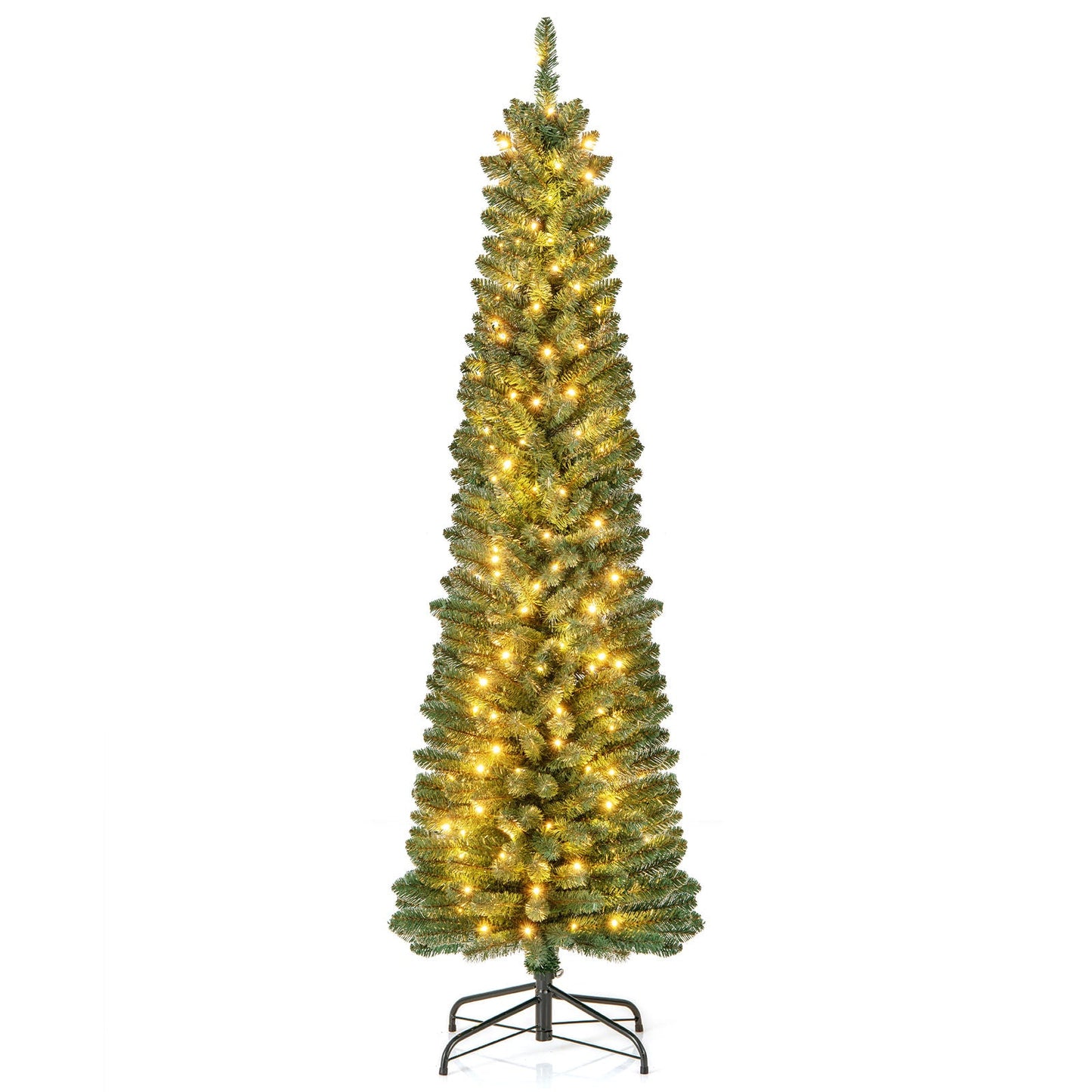 Pencil Christmas Tree memory wire branch tips with warm LED lights on metal stand on Tampa Home & Garden Store
