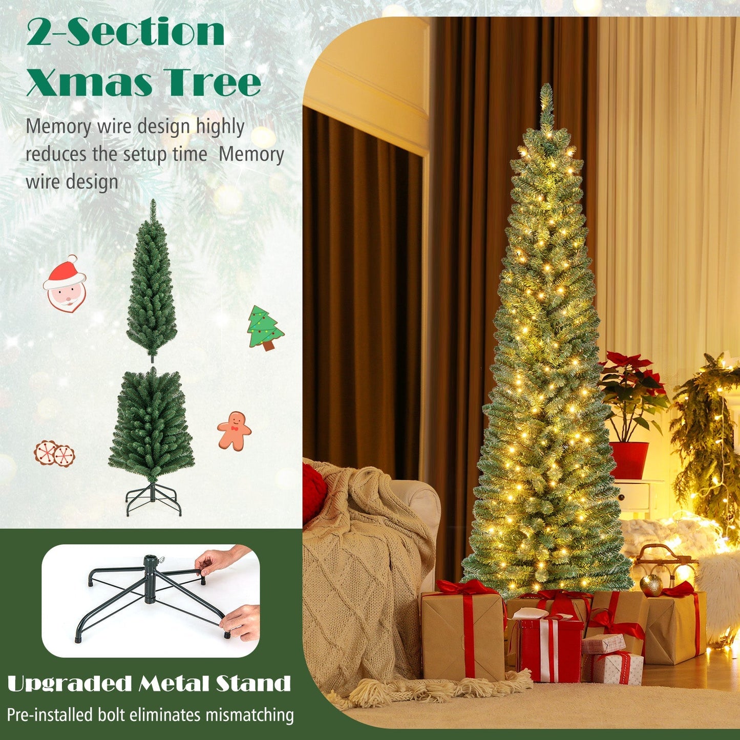 Pencil Christmas Tree, 2-section design with memory wire tips and warm LED lights, DirectDeals on Tampa Home & Garden Store