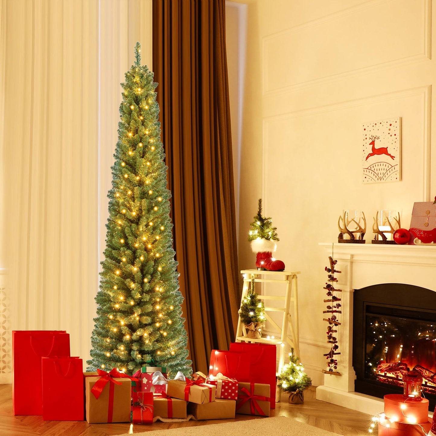 Pencil Christmas Tree DirectDeals, slim green tree with memorywire tips and warm LED lights on Tampa Home & Garden Store
