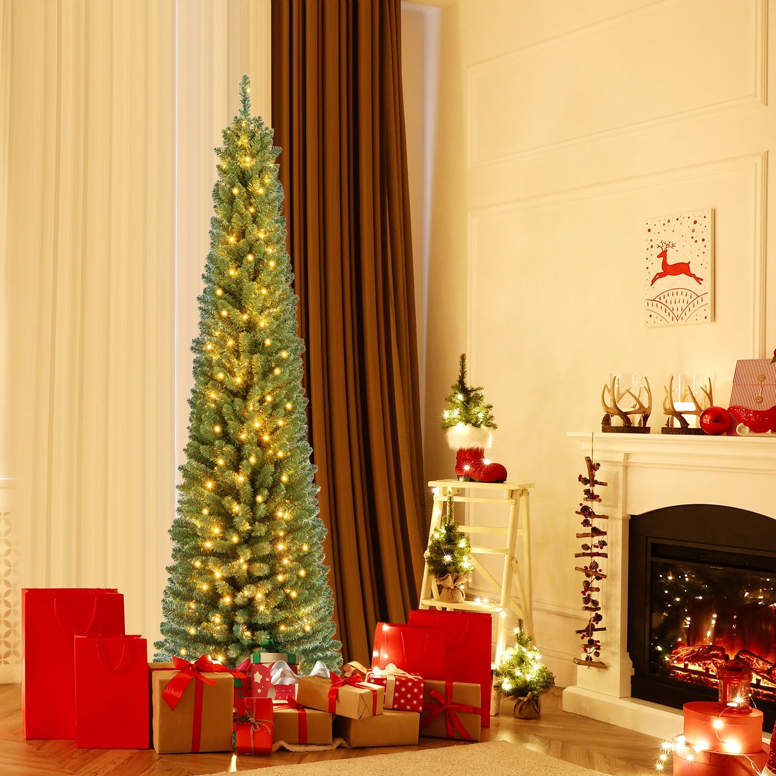 Pencil Christmas Tree DirectDeals, slim green tree with memorywire tips and warm LED lights on Tampa Home & Garden Store