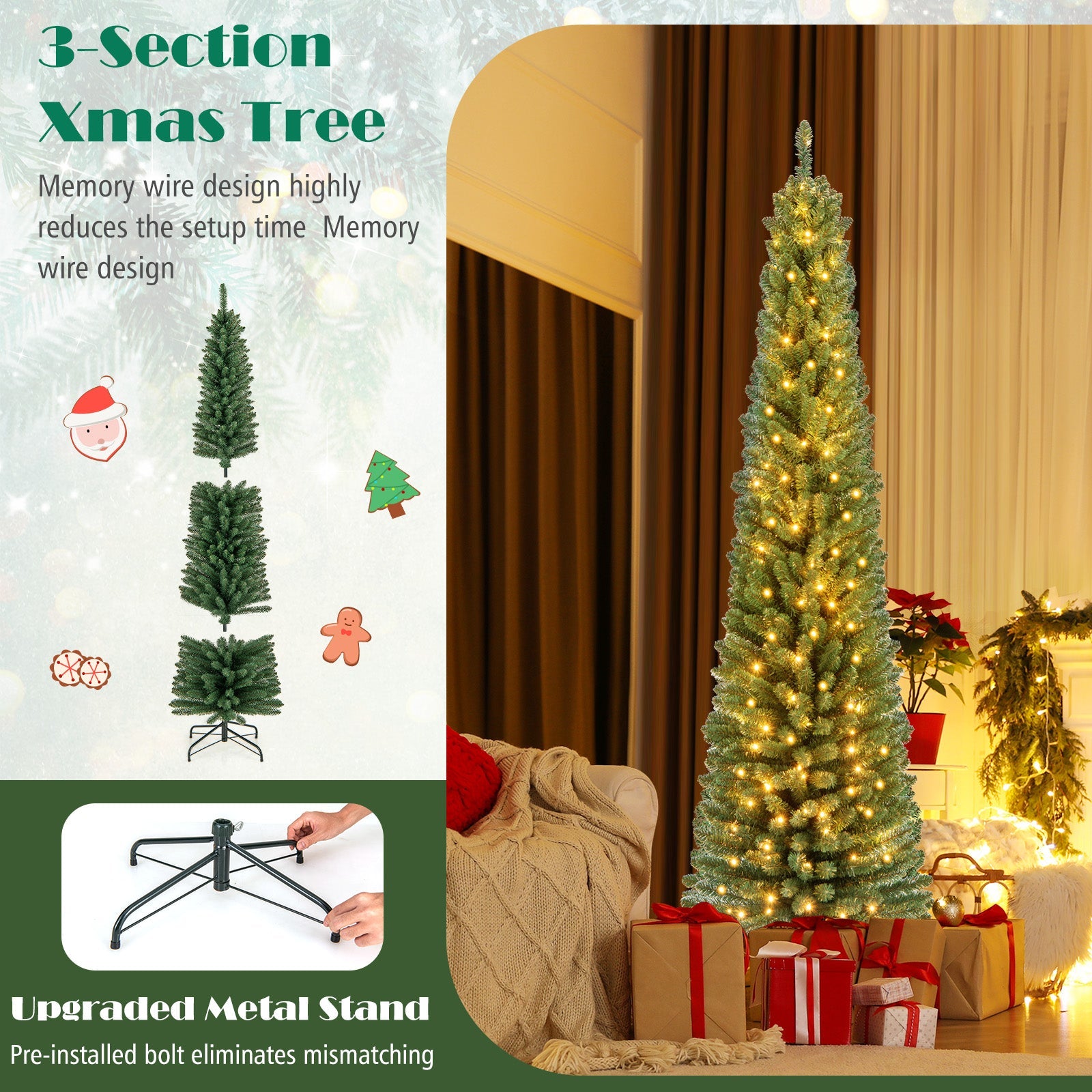 DirectDeals Pencil Christmas Tree with memory-wire branches, warm LED lights, artificial tree on Tampa Home & Garden Store