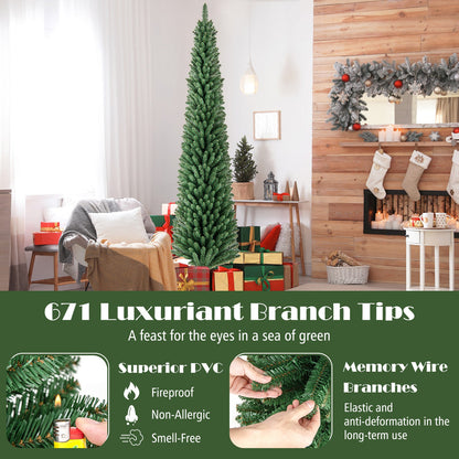 Pencil Christmas Tree with memory wire branch tips and warm LED lights in a cozy living room on Tampa Home & Garden Store