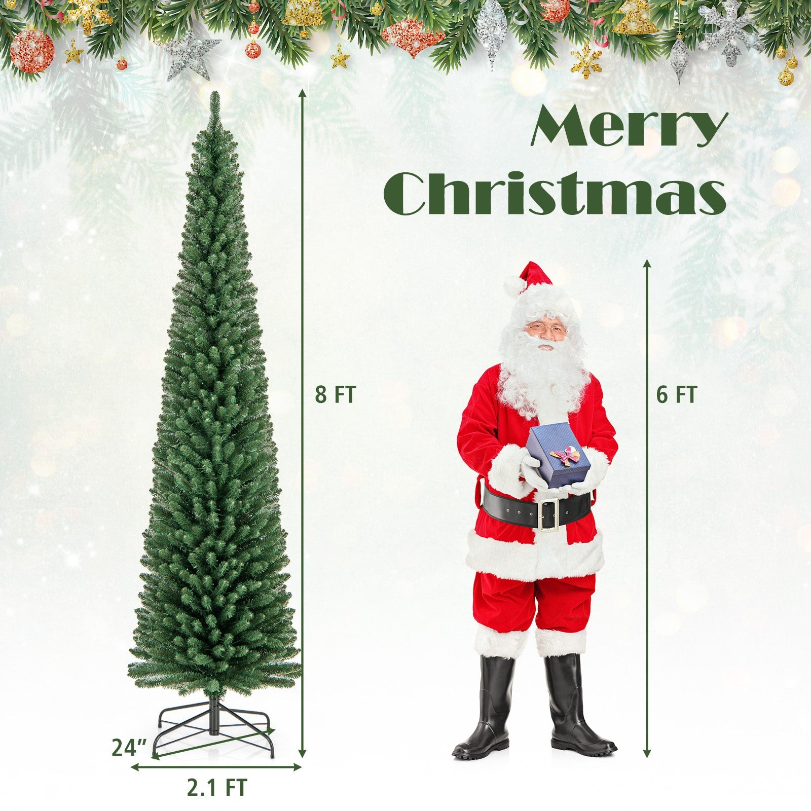 DirectDeals pencil Christmas Tree with memory wire tips and warm LED lights 8 ft tall green on Tampa Home & Garden Store