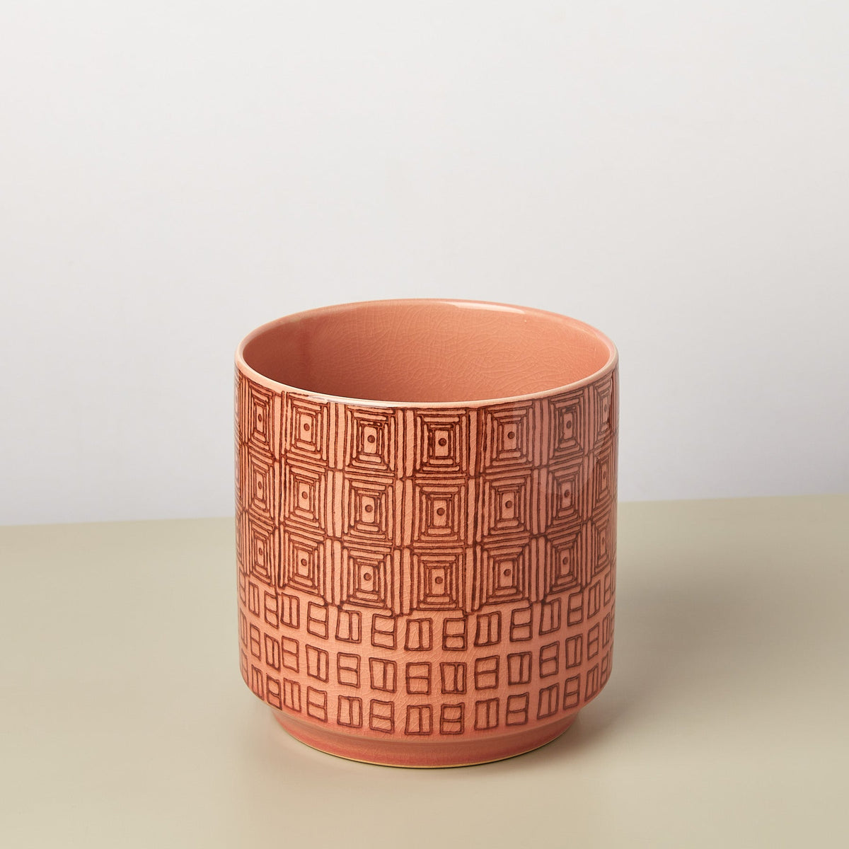 Pepe Planter 6.5 inch pink ceramic planter with repeating square geometric pattern on Tampa Home & Garden Store
