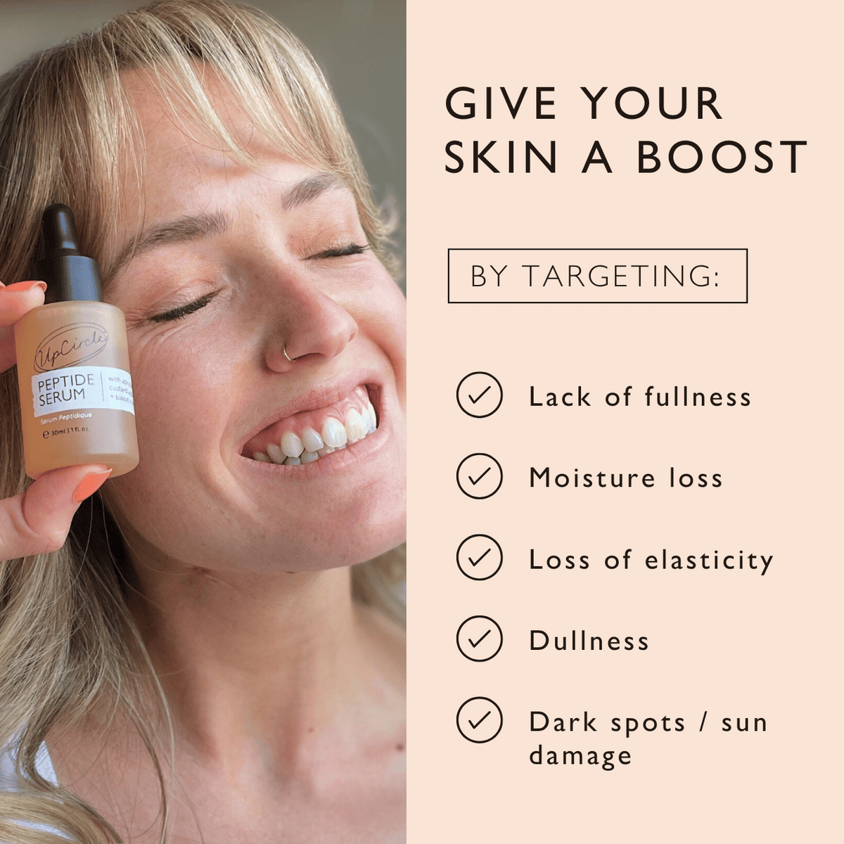 UpCircle Peptide Serum bottle in beige with dropper held near smiling woman on Tampa Home & Garden Store