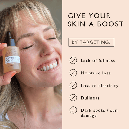 UpCircle Peptide Serum bottle in beige with dropper held near smiling woman on Tampa Home & Garden Store