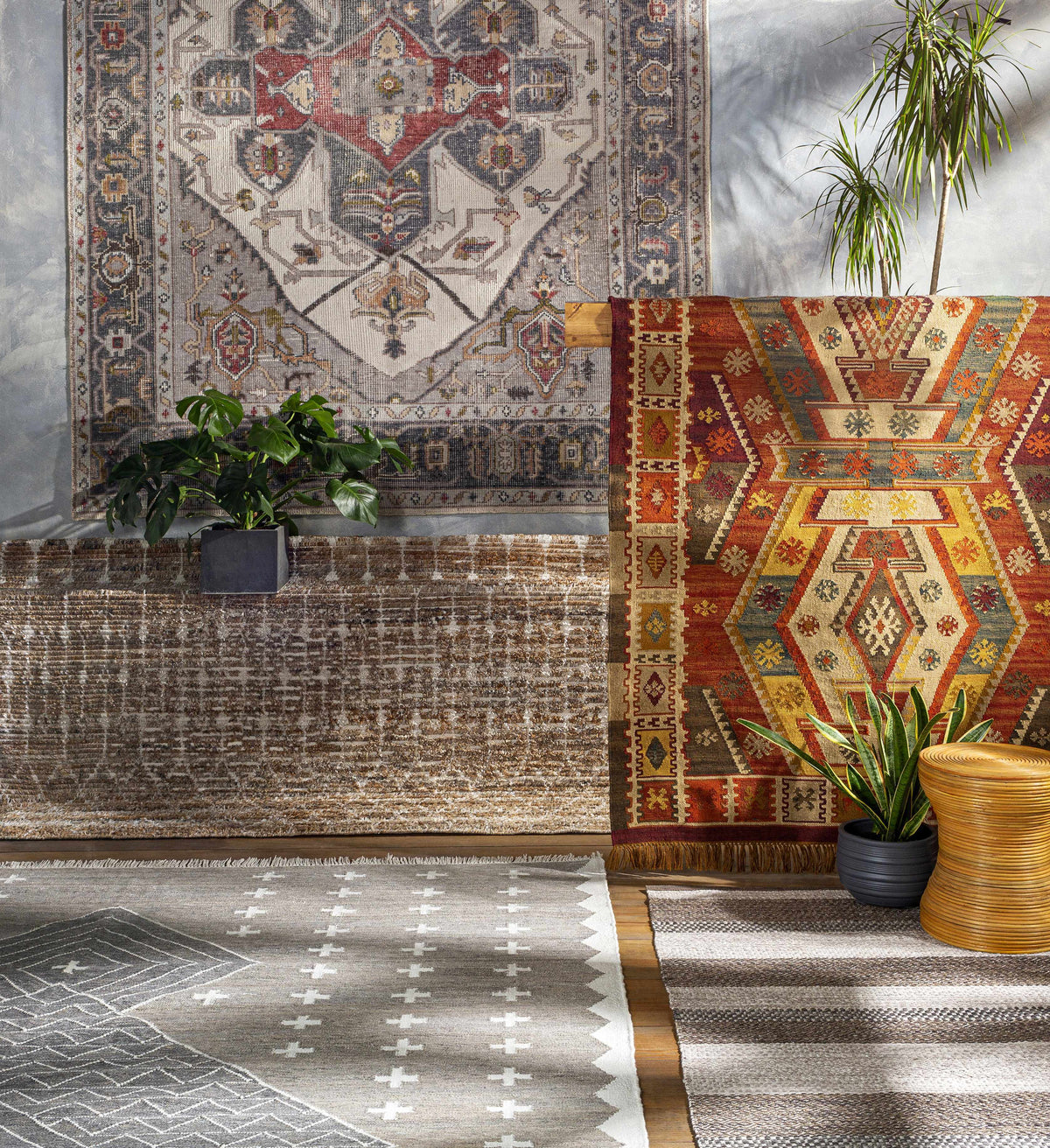 Halayhayin Premium Rug by Boutique Rugs, two rugs gray ornate and rust-orange geometric on Tampa Home & Garden Store