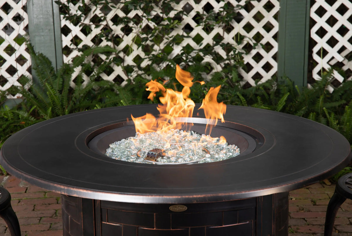 Perissa Woven Aluminum LPG Fire Pit, dark bronze outdoor gas fire pit with glass fire bed on Tampa Home & Garden Store