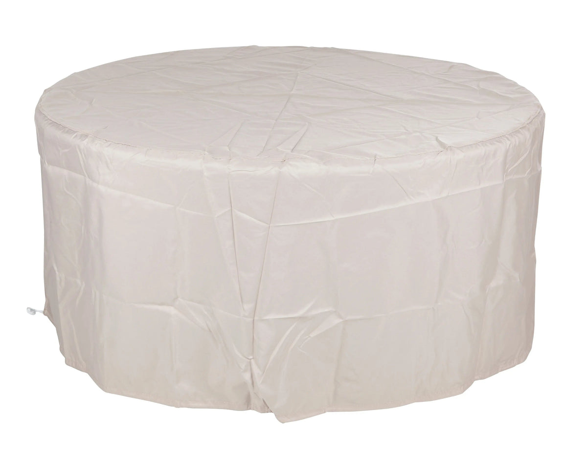 Perissa woven aluminum LPG gas fire pit covered by beige outdoor cover on Tampa Home & Garden Store