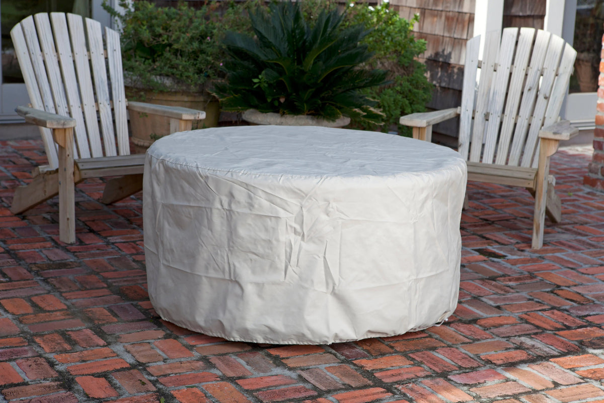 Perissa Woven Aluminum LPG Fire Pit under gray cover by Fire Sense on Tampa Home & Garden Store