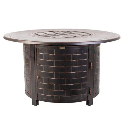 Perissa woven aluminum LPG fire pit table in dark bronze with brick-pattern sides on Tampa Home & Garden Store