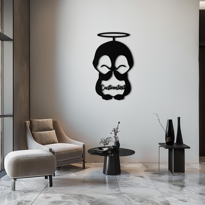 Personalized Cute Angel Penguin Metal Wall Art – Custom Text Adorable Black Steel Decor for Kids Rooms and Nurseries- KAF449 - Tampa Home & Garden Store