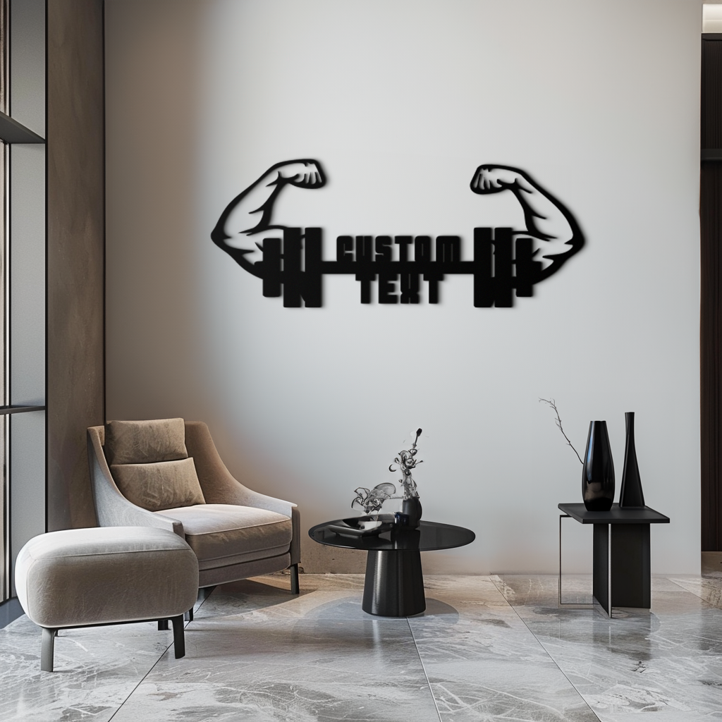 Personalized Fitness Barbell Metal Wall Art – Custom Text Muscular Arms Black Steel Decor for Gym and Workout Spaces- KAF448 - Tampa Home & Garden Store