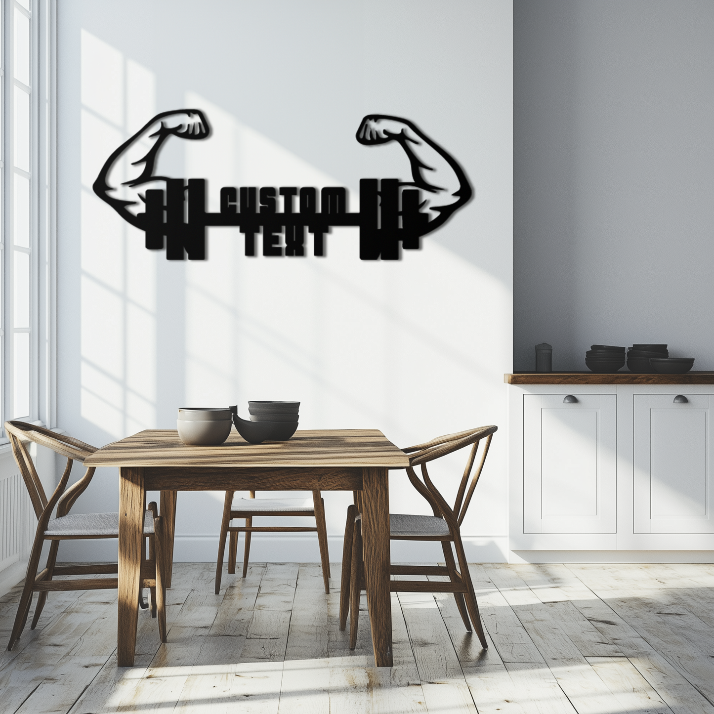 Personalized Fitness Barbell Metal Wall Art – Custom Text Muscular Arms Black Steel Decor for Gym and Workout Spaces- KAF448 - Tampa Home & Garden Store
