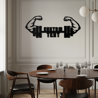 Personalized Fitness Barbell Metal Wall Art – Custom Text Muscular Arms Black Steel Decor for Gym and Workout Spaces- KAF448 - Tampa Home & Garden Store