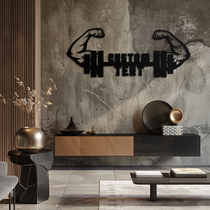 Personalized Fitness Barbell Metal Wall Art – Custom Text Muscular Arms Black Steel Decor for Gym and Workout Spaces- KAF448 - Tampa Home & Garden Store