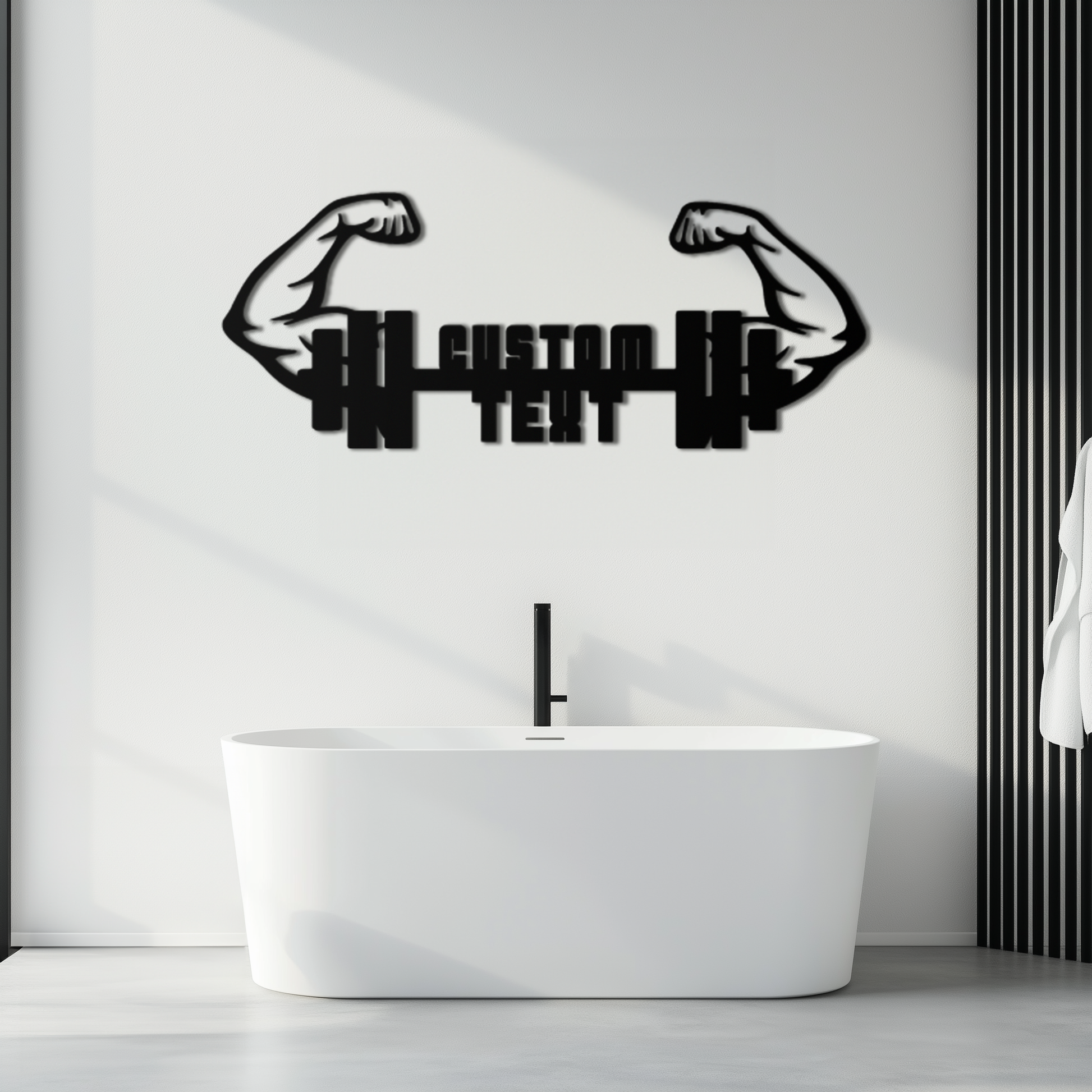 Personalized Fitness Barbell Metal Wall Art – Custom Text Muscular Arms Black Steel Decor for Gym and Workout Spaces- KAF448 - Tampa Home & Garden Store