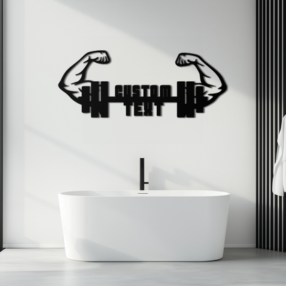 Personalized Fitness Barbell Metal Wall Art – Custom Text Muscular Arms Black Steel Decor for Gym and Workout Spaces- KAF448 - Tampa Home & Garden Store