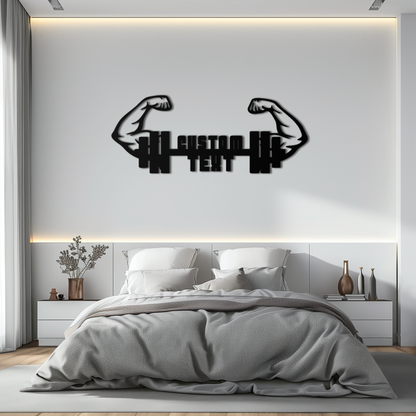 Personalized Fitness Barbell Metal Wall Art – Custom Text Muscular Arms Black Steel Decor for Gym and Workout Spaces- KAF448 - Tampa Home & Garden Store