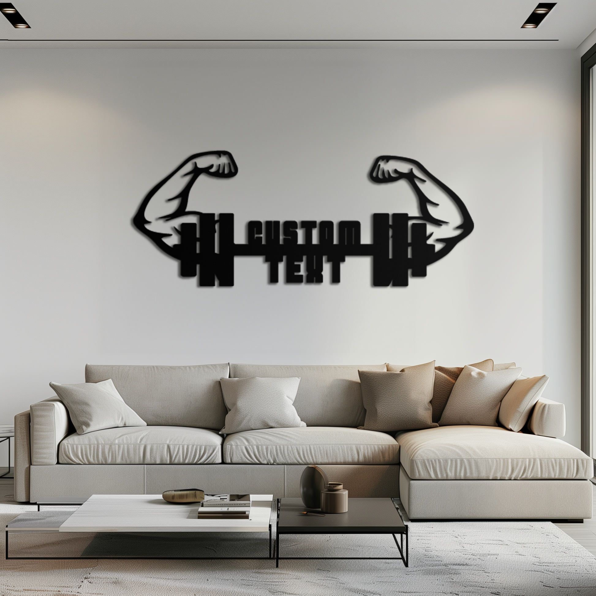 Personalized Fitness Barbell Metal Wall Art – Custom Text Muscular Arms Black Steel Decor for Gym and Workout Spaces- KAF448 - Tampa Home & Garden Store