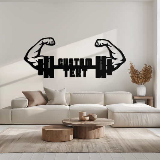 Personalized Fitness Barbell Metal Wall Art – Custom Text Muscular Arms Black Steel Decor for Gym and Workout Spaces- KAF448 - Tampa Home & Garden Store