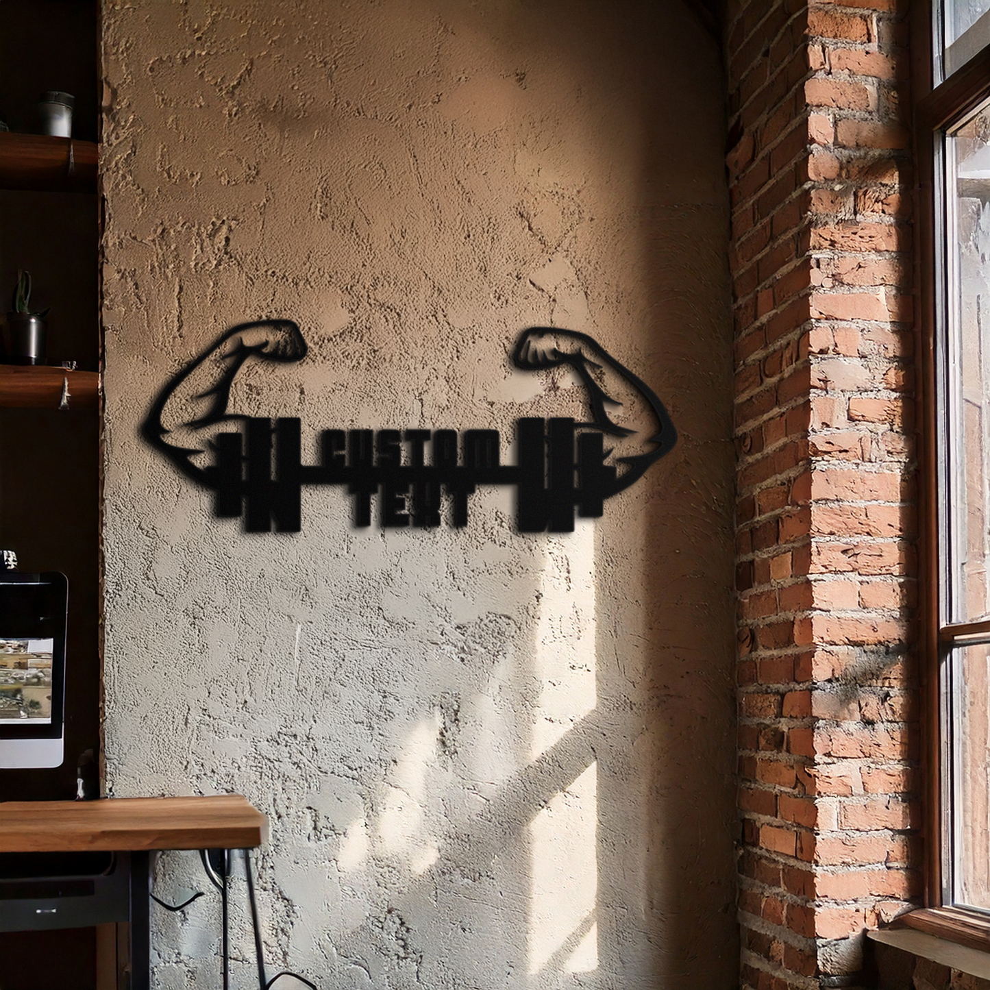 Personalized Fitness Barbell Metal Wall Art – Custom Text Muscular Arms Black Steel Decor for Gym and Workout Spaces- KAF448 - Tampa Home & Garden Store