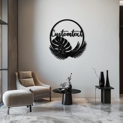 Personalized Tropical Leaves Metal Wall Art – Custom Text Circular Black Steel Decor for Modern Home and Event Spaces- KAF444 - Tampa Home & Garden Store