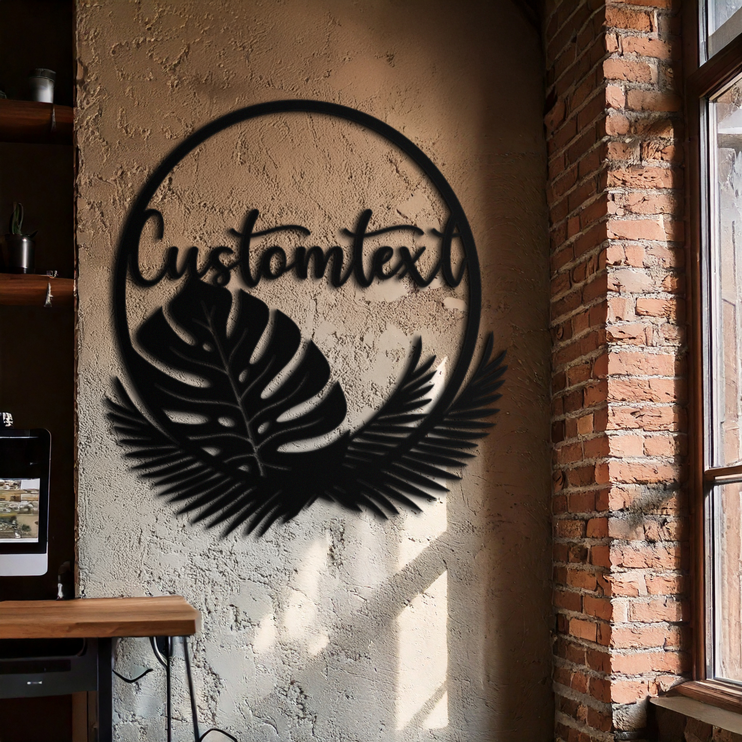 Personalized Tropical Leaves Metal Wall Art – Custom Text Circular Black Steel Decor for Modern Home and Event Spaces- KAF444 - Tampa Home & Garden Store