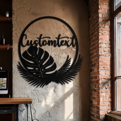 Personalized Tropical Leaves Metal Wall Art – Custom Text Circular Black Steel Decor for Modern Home and Event Spaces- KAF444 - Tampa Home & Garden Store