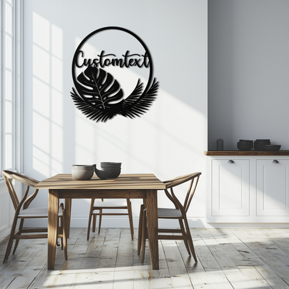 Personalized Tropical Leaves Metal Wall Art – Custom Text Circular Black Steel Decor for Modern Home and Event Spaces- KAF444 - Tampa Home & Garden Store