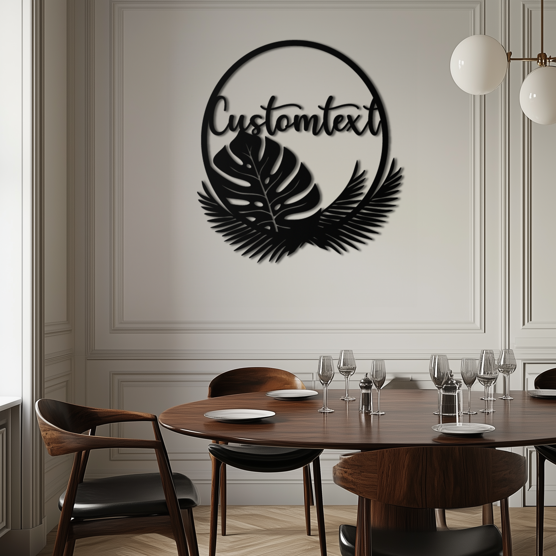 Personalized Tropical Leaves Metal Wall Art – Custom Text Circular Black Steel Decor for Modern Home and Event Spaces- KAF444 - Tampa Home & Garden Store
