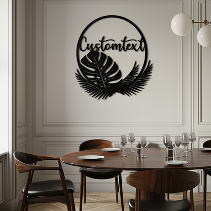 Personalized Tropical Leaves Metal Wall Art – Custom Text Circular Black Steel Decor for Modern Home and Event Spaces- KAF444 - Tampa Home & Garden Store