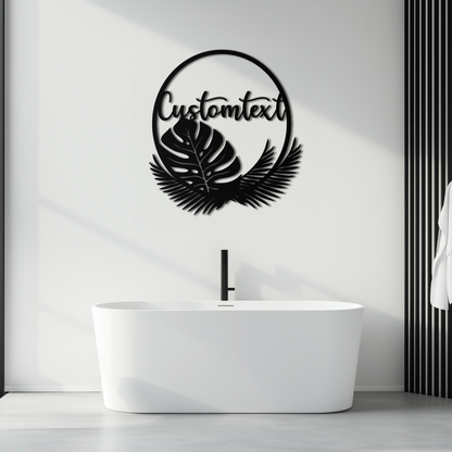 Personalized Tropical Leaves Metal Wall Art – Custom Text Circular Black Steel Decor for Modern Home and Event Spaces- KAF444 - Tampa Home & Garden Store