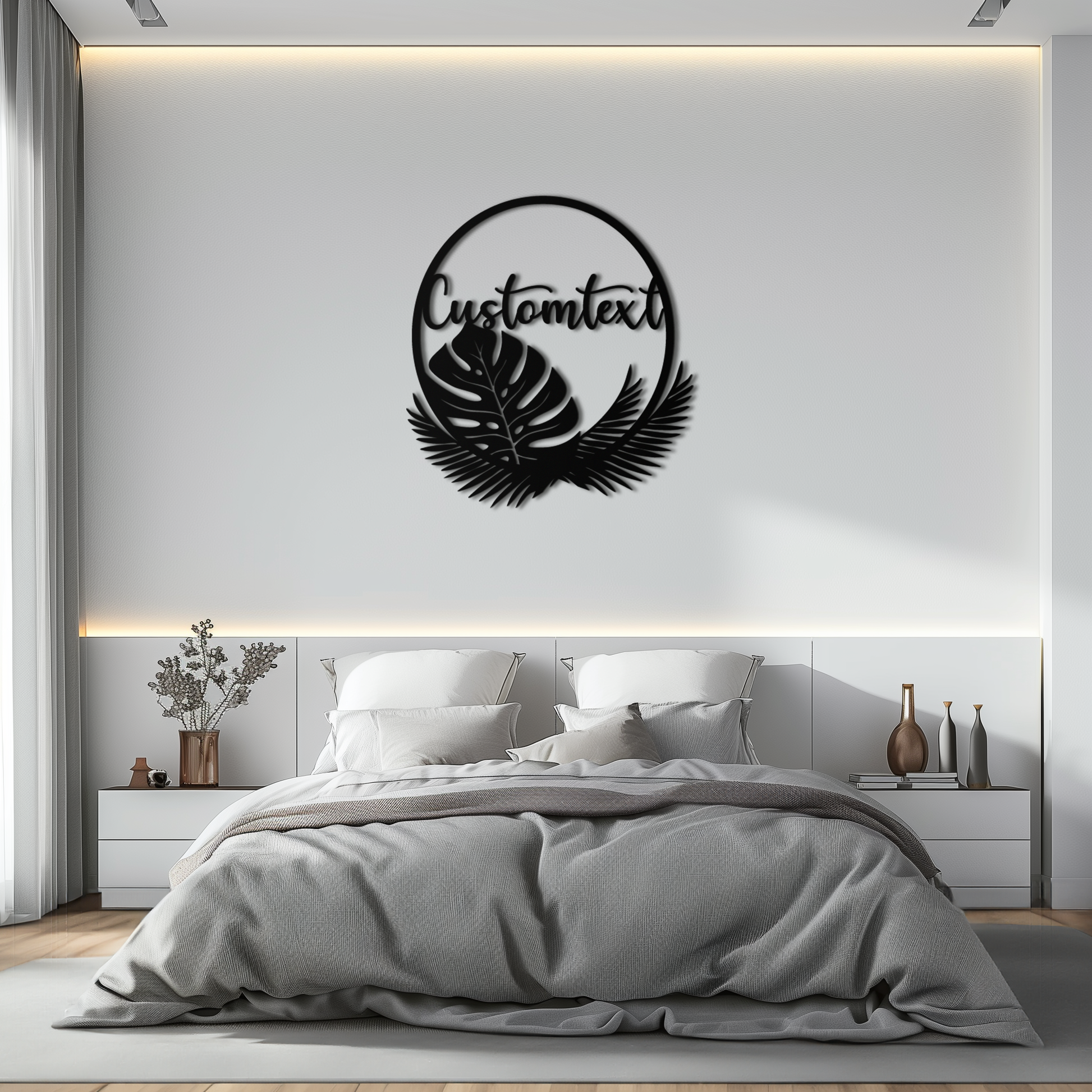 Personalized Tropical Leaves Metal Wall Art – Custom Text Circular Black Steel Decor for Modern Home and Event Spaces- KAF444 - Tampa Home & Garden Store