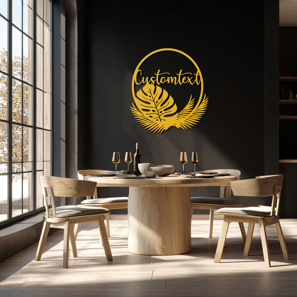 Personalized Tropical Leaves Metal Wall Art – Custom Text Circular Black Steel Decor for Modern Home and Event Spaces- KAF444 - Tampa Home & Garden Store