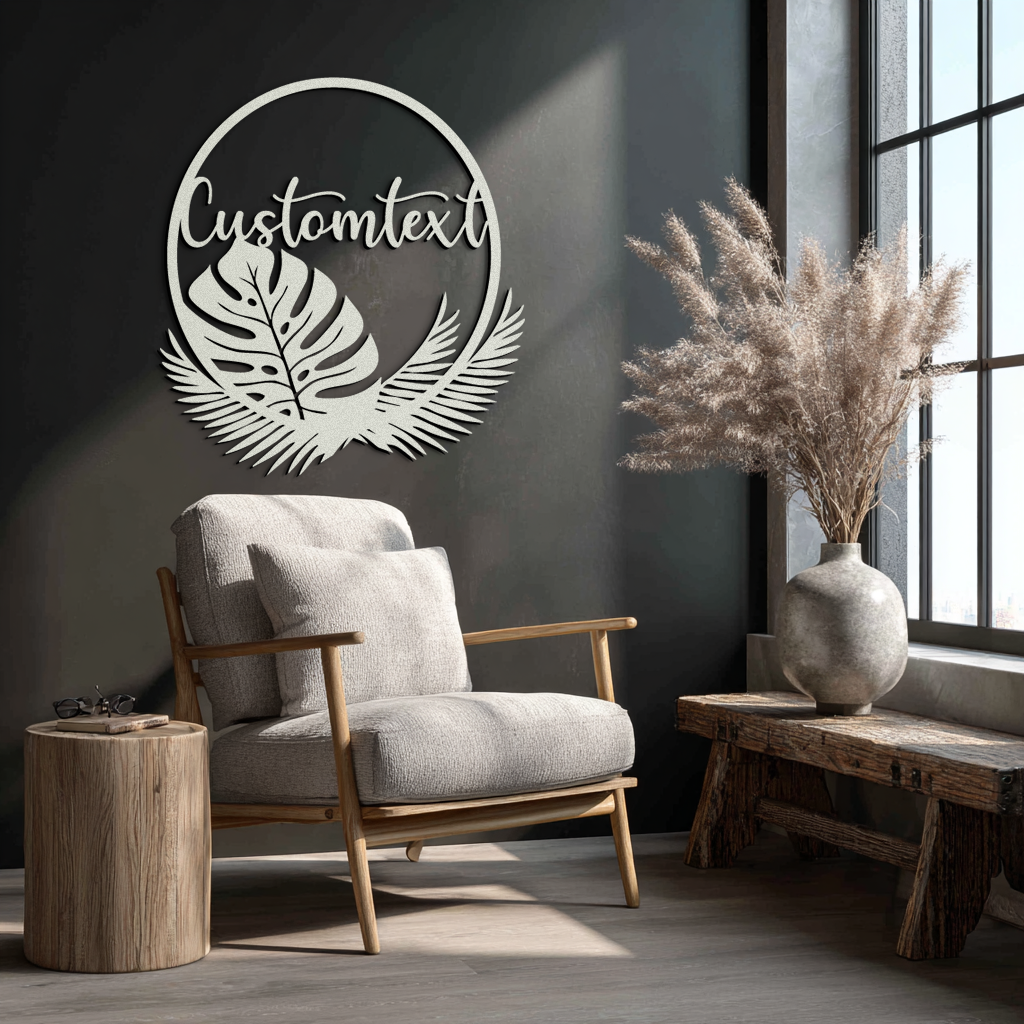 Personalized Tropical Leaves Metal Wall Art – Custom Text Circular Black Steel Decor for Modern Home and Event Spaces- KAF444 - Tampa Home & Garden Store