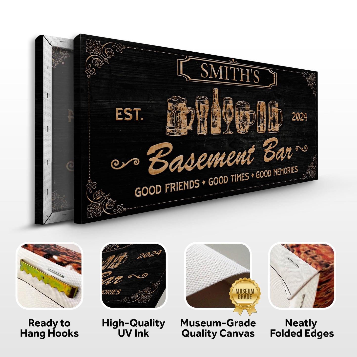 Personalized Basement Bar Sign II Canvas by Tailored Canvases copper text on black wood on Tampa Home & Garden Store